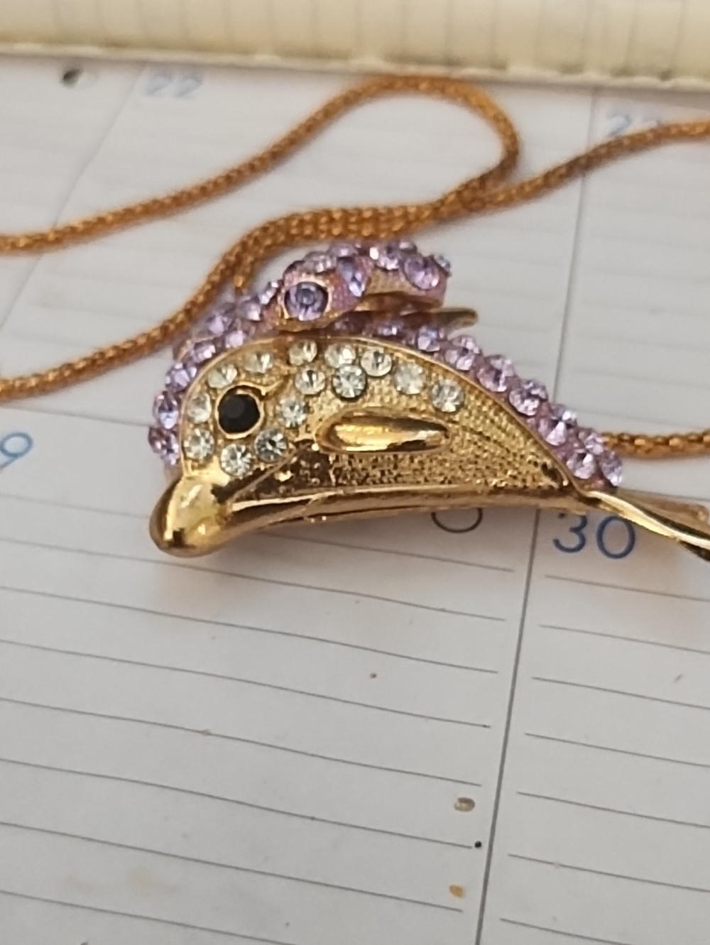 Betsey Johnson Gold Dolphin Pendant Necklace with Clear and Lavender Rhinestones
